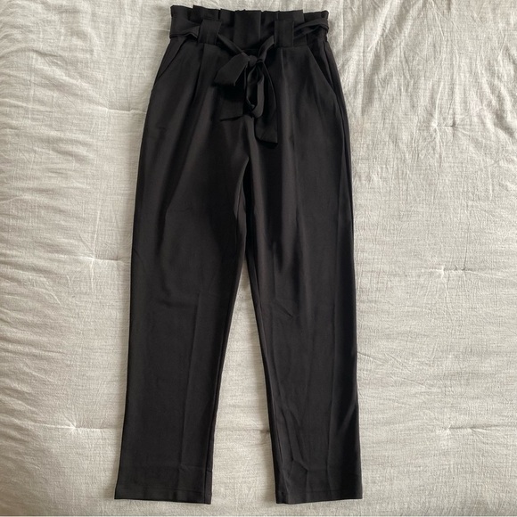 Yidarton Pants - Black Paper Bag High Waist Tie Trouser Pants Straight Leg Work Casual Small